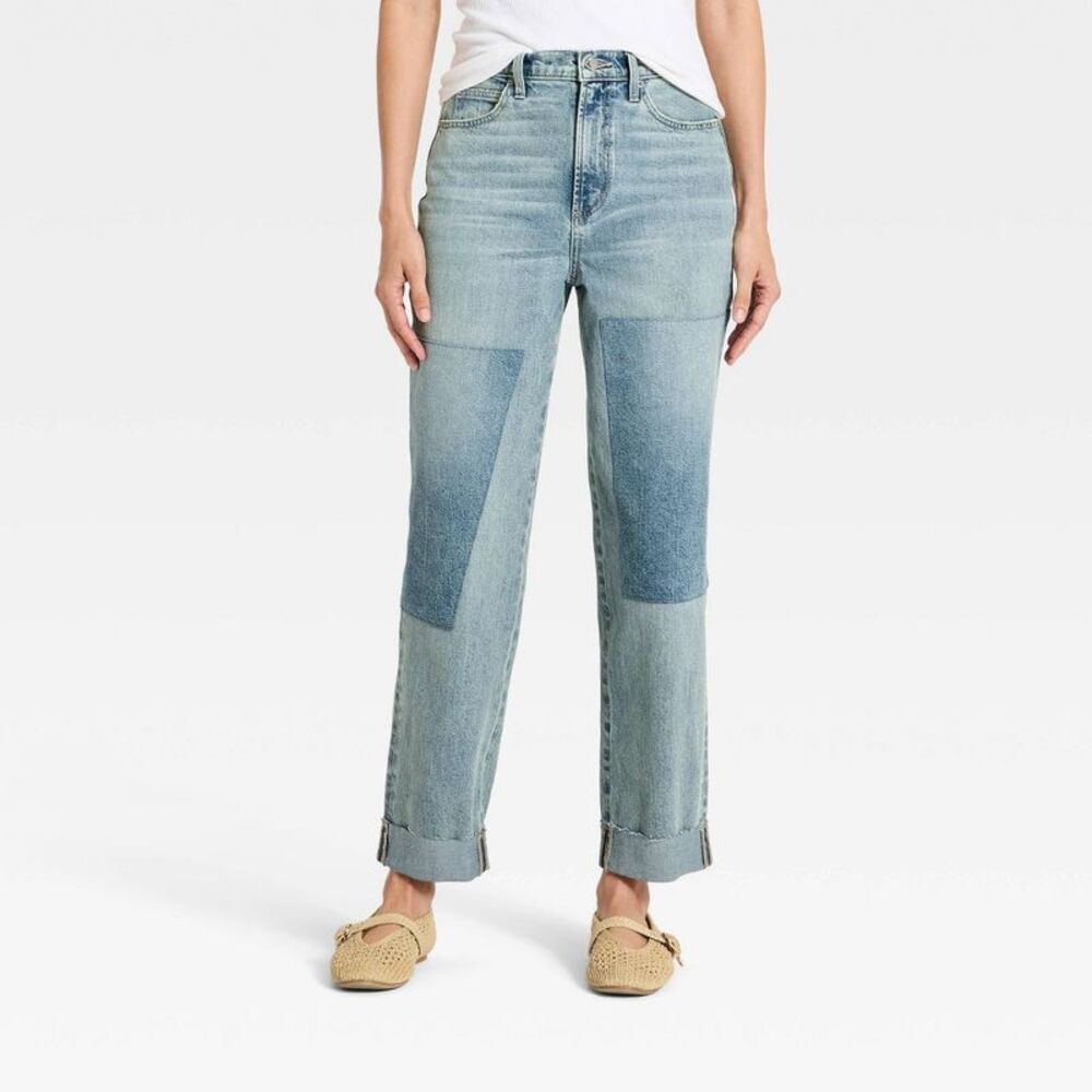 Women’s High-Rise Patchwork Vintage Straight Cropped Jeans - Medium Wash 8